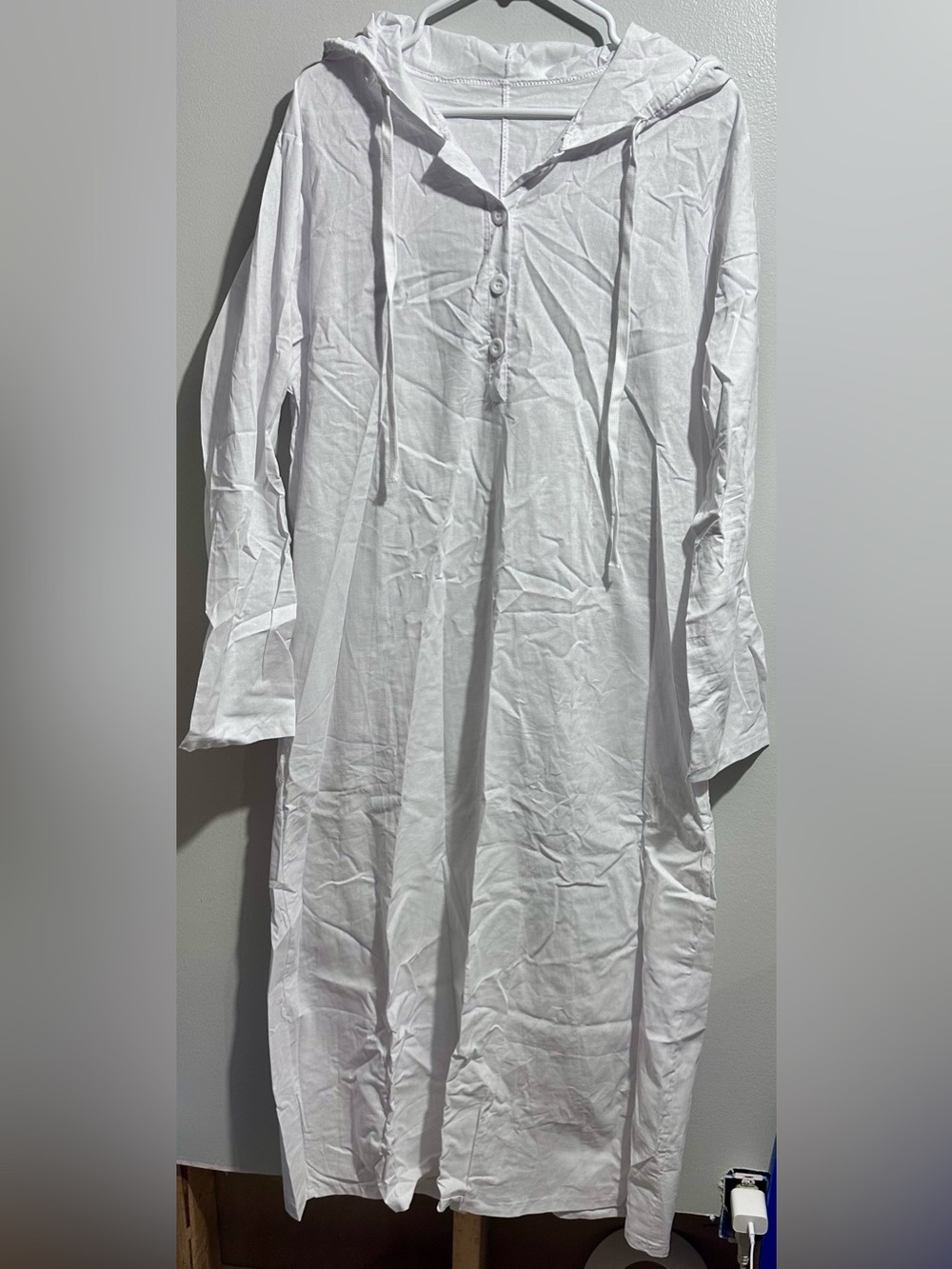 White Maxi Dress with Button Front and Hood Size L (1082)